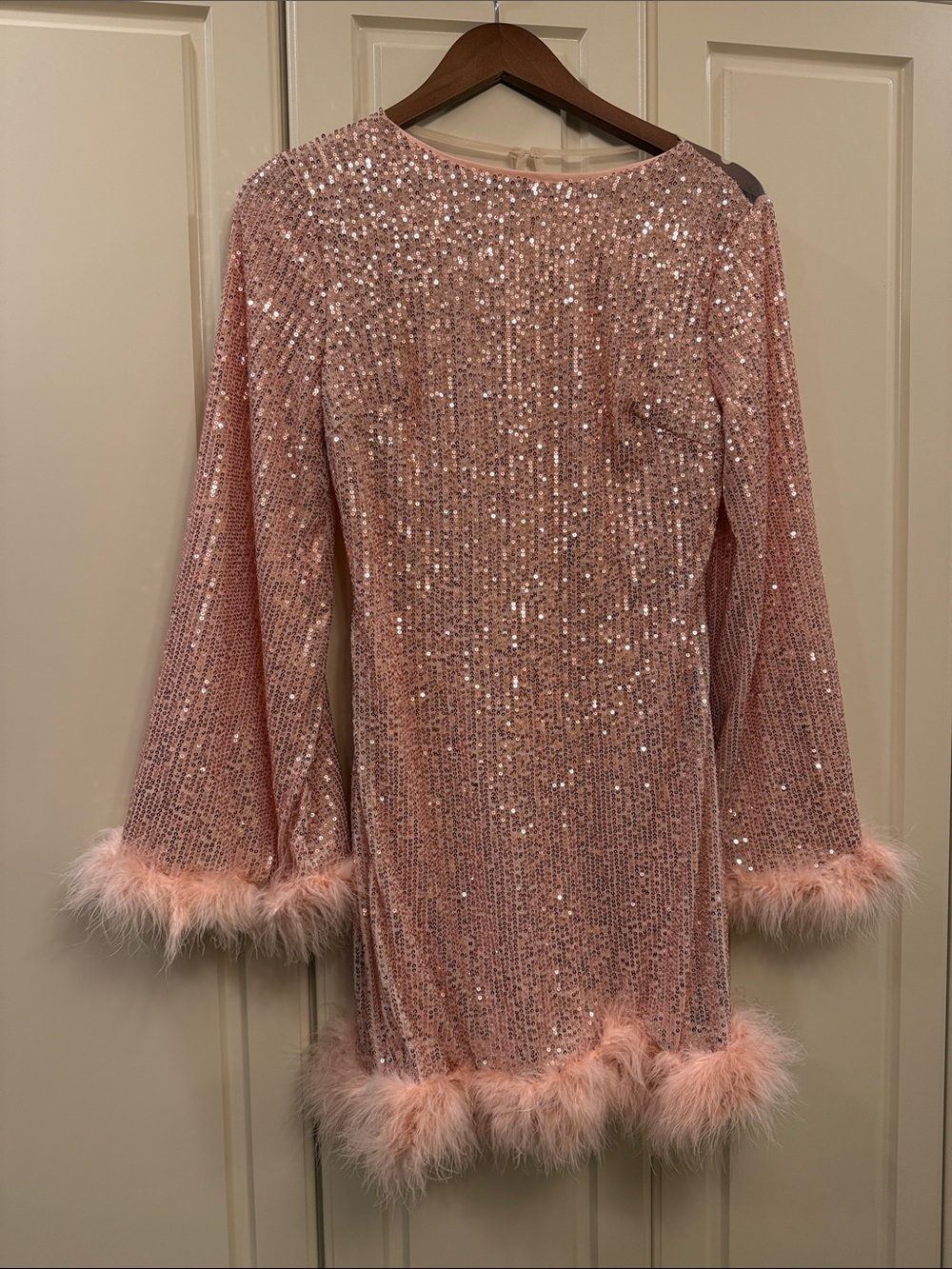 Pink Sequin Feather-Trim Formal Dress